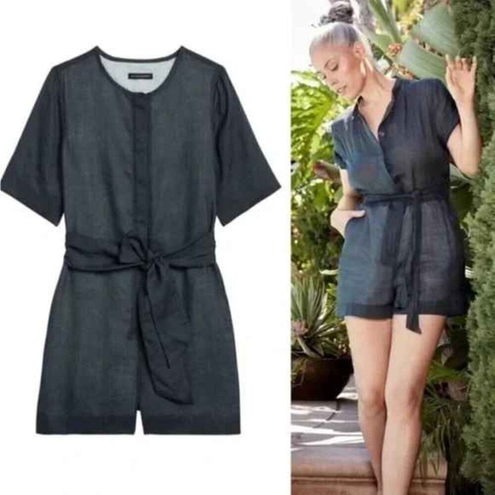 NEW Banana Republic Sash-Waist Ramie Romper Green Slate Lined Sheer 0 Petite